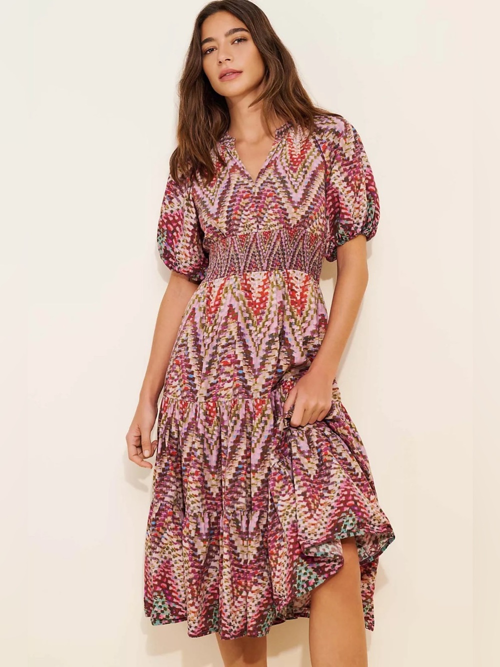 Anthropologie Conditions Apply Notch Neck Zig Zag Printed Puff-Sleeve Midi Dress